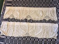 Vtg White 100% Cotton Lace Trim Curtains Valances 2 Panels Victorian Style picture