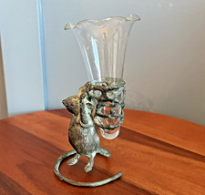 Vintage Cast Metal Mouse Bud Vase Verdigris Glass Tulip Vase Whimsical Decor 7