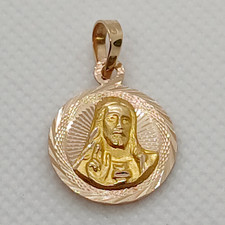 14K Solid Yellow Gold Jesus Sacred Heart & Virgin Round Medal Pendant 2 in 1. picture