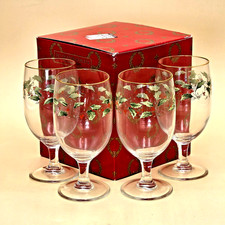 Royal Limited Holly Holiday Wine Glass Set of 4 Goblets Stemmed Gold Rim in Box picture