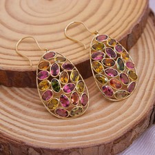 Rainbow Multi Tourmaline Bezel Set 10K Yellow Gold Over Everyday Women's Earring picture