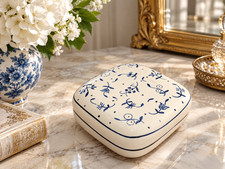 Vintage Hand-Painted Ceramic Porcelain Blue Floral Jewelry Box Portugal picture