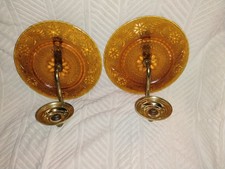 Vintage Pair of Amber Indiana Tiara Glass Wall Sconce Candle Holder MCM picture