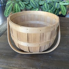 Vintage Wooden Apple Basket Bentwood Slat Gathering Basket Swing Handle 10.5