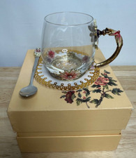 Vintage Luxury Classic Enamel Tea Cup With Spoon And Doily In Box picture
