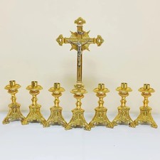 Catholic Altar Crucifix 6 Candlestick Set Gold Tone Church Religious Decor picture