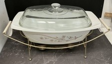 Vintage Pyrex Golden Honeysuckle 2.5 qt Casserole Dish & Lid w/Warmer Stand 035 picture