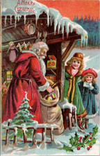 Santa Claus Gives Toys to Children~Antique ~Embossed CHRISTMAS POSTCARD~s929 picture