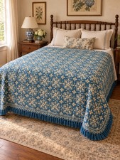 VTG Bates Mill 102x90 Blue Ivory Woven Bedspread Floral Fringe French Country picture