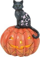 Jim Shore Heartwood Creek Halloween Black Cat Sitting on Pumpkin Lit Figurine picture