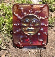 John Cook 2003 Signed Iridescent Carnival Art Glass Sun Face Tile/Plaque 5x5½in picture