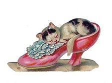 1888 Chromo, Fantasy PINK SATIN MULE KITTEN, Antique Victorian Die-Cut Scrap 2.5 picture