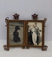 Antique French Bronze Diptych Miniature Double Folding Photo Frame Tiny Desk  picture