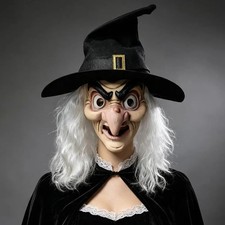 Creepy Witch Full Head Latex Mask With Hat White Hair Halloween Cosplay Costume picture