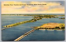 Miami Beach Florida Venetian & County Causeways Aerial View Linen Postcard picture