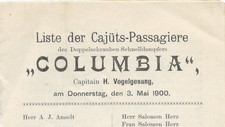 1900 COLUMBIA Hamburg-American Line Passenger List - Vogelgesang picture