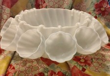 VTG 12pc Opaque Milky White Punch Bowl & Hanging Cups Set by Hazel-Atlas Glass picture