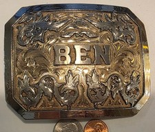 Vintage BEN Belt Buckle Oversized Western Cowboy Ornate Engraved Silver Gold Ton picture