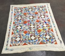 Vintage Ocean Waves Multicolor Bright Patchwork Quilt Worn Cottage Core 74 X 91 picture