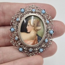 Vintage 800 Fine Silver Set Turquoise Hand Painted Portrait Frame Pin/Brooch picture