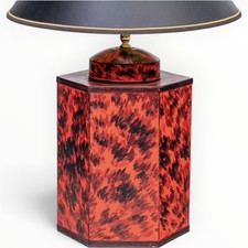 Vintage English Export Vermillion Hand Painted Red Faux Tortoise Tea Caddy Lamp picture