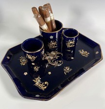 Antique Gustave De Bruyn 4pc Tobacco Smoker's Tray & Pots, Cobalt Blue & Enamel picture
