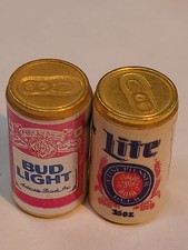 Vintage miniature brass novelty containers modeled after 1980s beer brands. 1