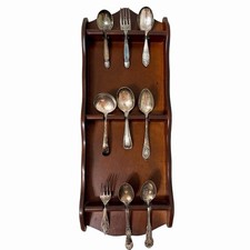 Vintage Wood Souvenir Spoon Display Rack w/ 9 Mixed Silverplate Spoons & Forks picture