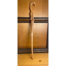 Vintage Hand Carved Wood Walking Cane Folk Art Face Spiral Design 39 Inch Staff picture