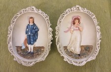 Vintage Lefton 3D Wall Plaques KW3504 Blue Boy & Pinkie Bisque Porcelain Pair picture