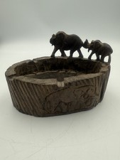 Beautiful Antique Elephants Trinket Dish Ashtray Hand Carved Wood Folk Art picture