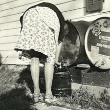 Vintage B&W Snapshot Photograph Odd Woman Bending Over Bum Unico Anti Freeze picture
