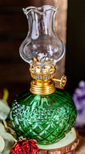 Vintage Style Oil Lamp Diamond Pattern Green Glass Font w/ Clear Chimney picture