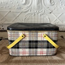 Vintage 1950s NCC Colorware White Tartan Plaid Tin Picnic Basket Yellow Handles picture