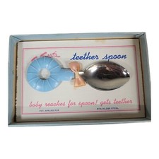 Antique 1940's NIB Dr Frost's teether spoon blue rubber stainless steel pink picture