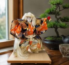 Vintage 16β Japanese/Asian Kabuki Silk Lion Dancer Figure on 14β bamboo platform picture