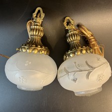 2 Gold Brass MCM Hollywood Regency Vtg Swag Hanging Glass Pendant Light Set Pair picture