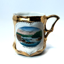 UNION FALLS - SACO RIVER - MAINE ME Antique Souvenir China TRINKET Gold CUP picture