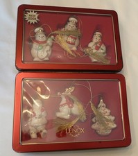 2 Lenox 2003 Tin Box Sets – Three Snowmen & Santa, Reindeer, Tree Ornaments picture