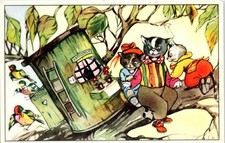 1930s Family of Dressed Cats Bothering Birds Anthropmorphic Postcard picture