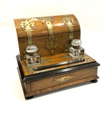 19thC Burr Walnut Wood Brass Studded Writing Stationary Box Cut Glass Inkwells picture