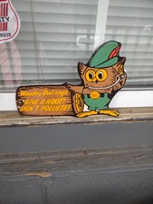 VINTAGE WOODSY OWL PORCELAIN SIGN OLD FOREST SERVICE PARK SMOKEY DONT POLLUTE picture