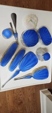 Vtg 1930-40 Art Deco Blue Guilloche Enamel Heavy Cut Glass Vanity Set 10pc picture