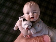 Antique Gebruder Heubach German Bisque Piano Baby w/ Cat 9 1/2” Unmarked picture