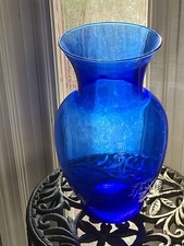 Vintage 11”+- Tall Cobalt Blue Hand Blown Glass Vase Decorative Vase Large Decor picture