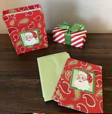 Box 12 CR Gibson Christmas Cards SANTA Box PAISLEY STRIPE MUISE RED GREEN JOLLEY picture