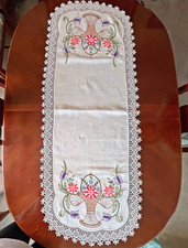 Large Vtg Hand Embroidered Table Runner/Scarf Floral Nouveau Crochet Lace Mint picture