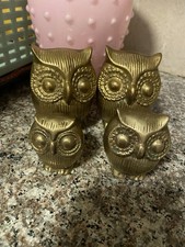 Vintage Brass Owl Figure Paperweight 3” Set Of 4 picture