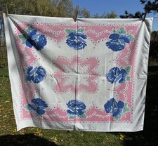 Vintage 1940S 50S Tablecloth White Pink Blue Floral About 41x51” Cute  picture