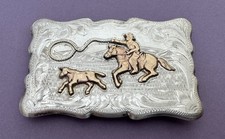 Vintage Sterling Silver Unbranded Old Western Calf Roping Rodeo Belt Buckle picture
